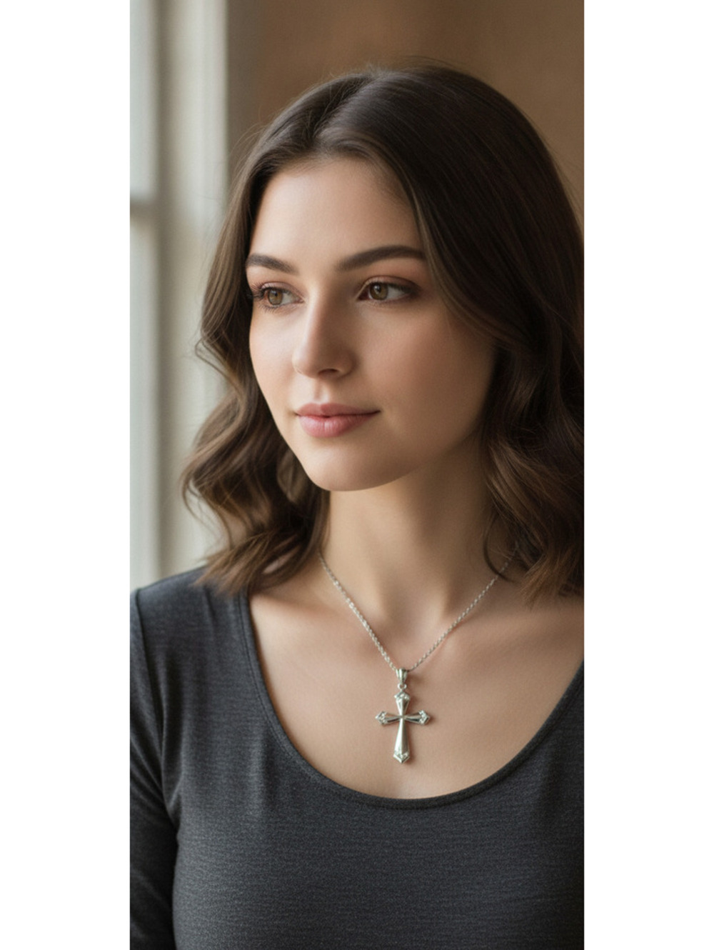 14K White Gold Cross Pendant Necklace with Natural Diamond Accents